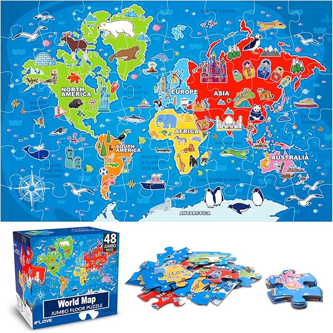 Jumbo Floor Puzzle for Kids,World Map Jigsaw Geography Puzzles,48 Piece Globe Atlas Puzzle with Continents,United States Puzzle for Ages 3-5,Preschool Learning Toys Gift for 4-8 Years Old