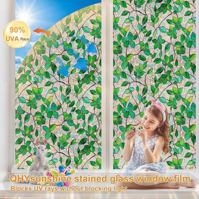 Stained Glass Window Privacy Film Decorative Rainbow Static Clings – Ideal for Home & Office, Adhesive-Free, Removable, UV-Blocking (Green Rainbow, 17.5 X 157.4 in)