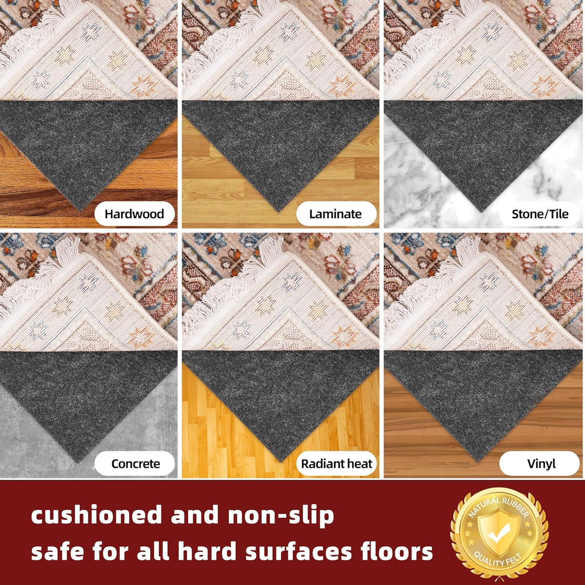 BAGAIL Felt and Natural Rubber Backing Rug Pads 1/4” Thick, 2 x 10 Ft Non Slip Carpet Gripper Keep Rugs in Place, Under Area Rug Protective Cushioned Pads, Carpet Runners, Hardwood Floors Protection