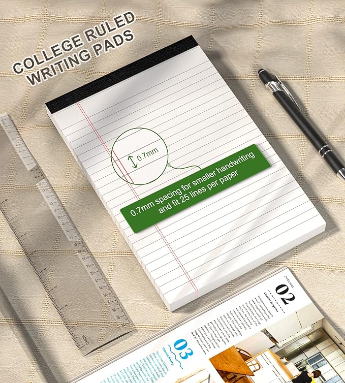 Note Pads 5x8 Small Legal Pads White Notepad, 6 Pack, Narrow Ruled Notepads, Micro Perforated Legal Writing Pads Memo Pad, 30 Sheet/Note Pad, Notebook Paper Tablet for School, Lined Legal Pad 5x8''
