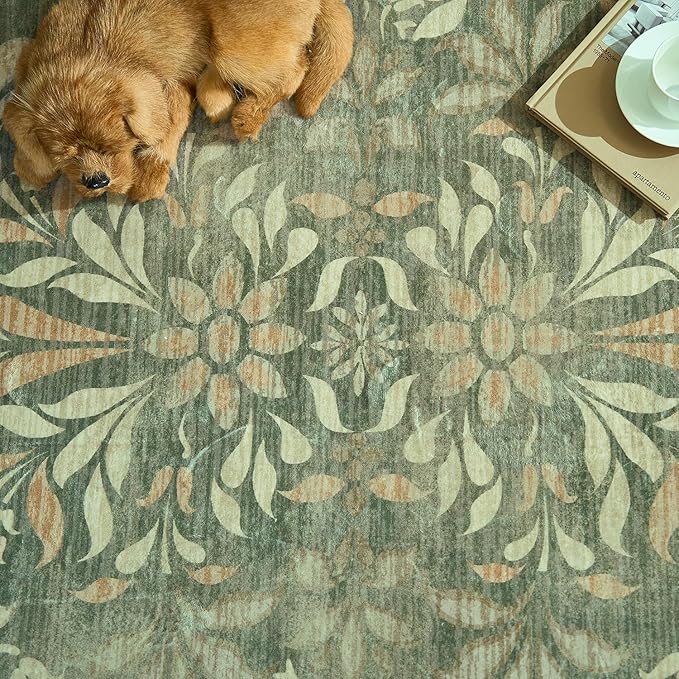 jinchan Vintage Floral Runner Rug 2x5 - Machine Washable Distressed Design Non-Slip Low-Pile Soft Thin Carpet for Hallway Kitchen Farmhouse Bedroom Entryway Laundry Room (2x5ft,Dark Green)