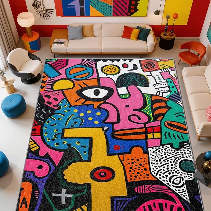 Abstract Rug 5x7-5x8 Rug - Abstract Rug - Colorful Pop Art Area Rug - Modern Geometric Graffiti Rugs - Multicolor Artistic Carpet - Home Decor