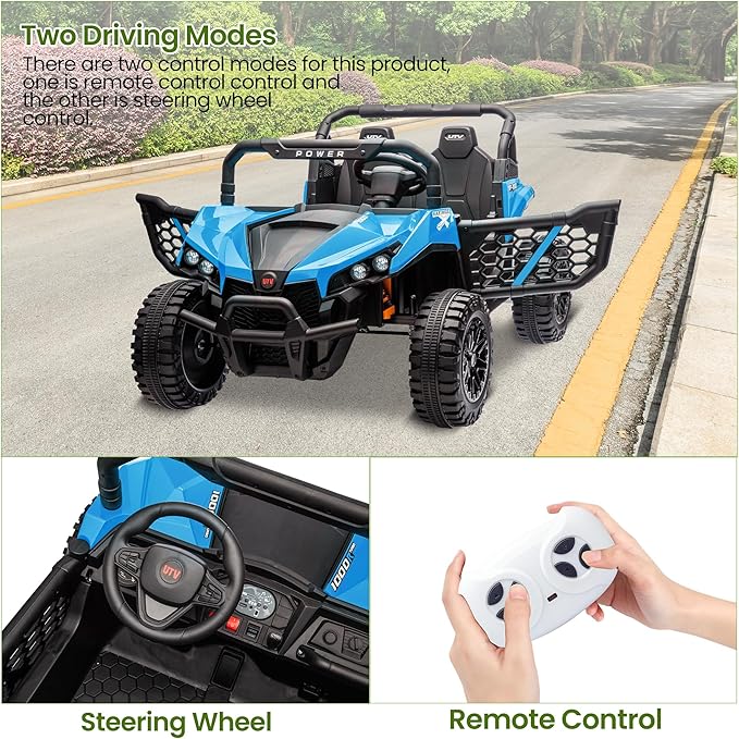 24V 2 Seater Ride On Car Truck, Power Wheels Kids UTV w/Parent Remote Control, 3.1 MPH Max Speed, Music Player, LED Lights & Storage, Electric Vehicle Ride On Toy for Kids Toddler Ages 3-8, Blue