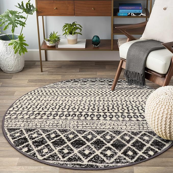 Moroccan Round Rug 3ft, Black Distressed Entryway Rug Non-Slip Circle Rug, Washable Non-Shedding Throw Rugs Indoor Door Mat for Bedroom Bathroom Kitchen Laundry Room Nursery