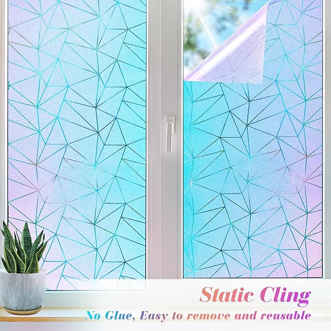 Coavas Rainbow Window Privacy Film, Frosted Glass Static Cling, Decorative for Bathroom Door, UV Blocking Window Cling, Non-Adhesive Vinyl Sticker, Day and Night Windows Tint for Home,23.6x118.1 inch
