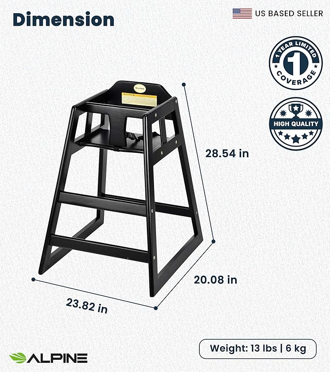 Alpine Wooden High Chairs for Babies and Toddlers with Safety Strap, Commercial Grade Restaurant High Chair, Durable Wood Space Saver Baby Feeding Chair, Ideal for Dining Spaces (2 Pack, Black)
