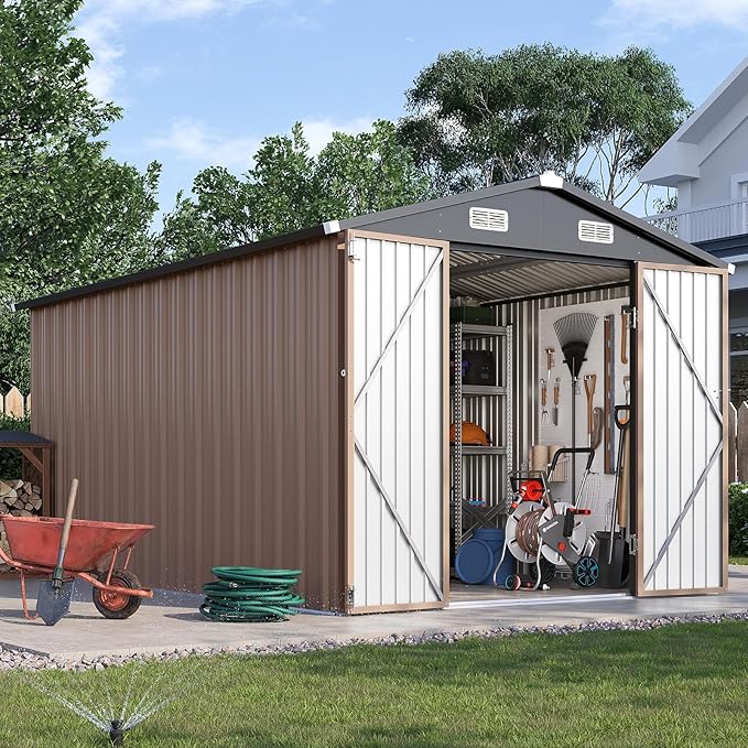 8×15FT Outdoor Storage Shed, Metal Garden Shed with Lockable Double Doors & Sloping Roof, Weather-Resistant Tool Shed for Backyard, Patio, Poolside Brown