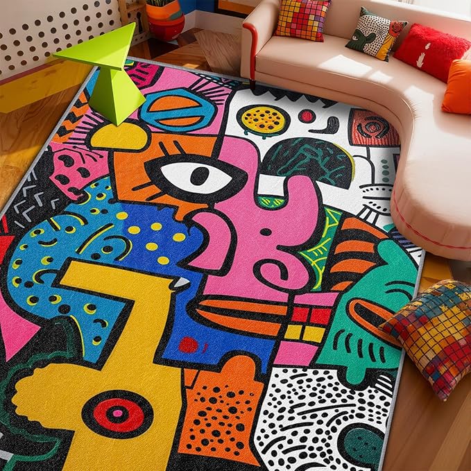 Abstract Rug 5x7-2x3 Rug - Abstract Rug - Colorful Pop Art Area Rug - Modern Geometric Graffiti Rugs - Multicolor Artistic Carpet - Home Decor