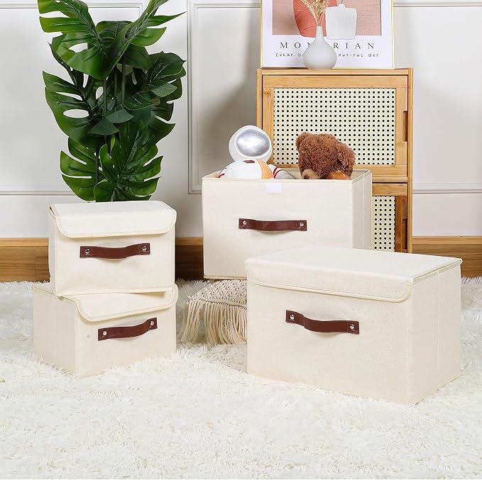 ANMINY 2PCS Storage Bins with Lid PU Leather Handles Storage Boxes PP Plastic Board Decorative Foldable Lidded Cotton Linen Fabric Home Cubes Baskets Closet Organizer Containers - Beige, Small Size