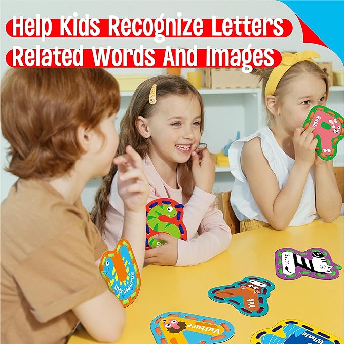 26PCS Kids Lacing Cards, 26 Double Sided Uppercase Sewing Cards with 26 Colorful Laces, Imagination Development Lacing Toys Games for Children Educational and Learning Activity