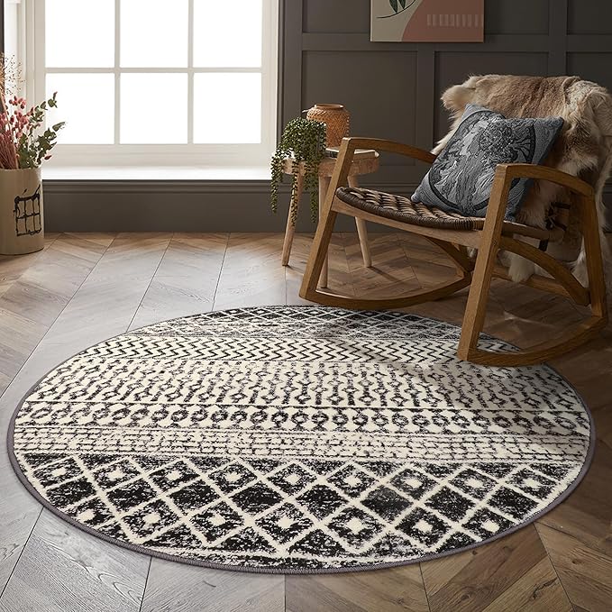 Moroccan Round Rug 3ft, Black Distressed Entryway Rug Non-Slip Circle Rug, Washable Non-Shedding Throw Rugs Indoor Door Mat for Bedroom Bathroom Kitchen Laundry Room Nursery