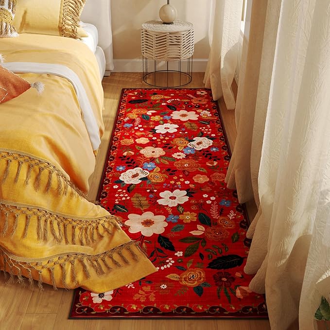 Rugcomf Runner Rug for Hallways Kitchen Rug Non Slip 2'x 6' Washable Runner Rugs with Rubber Backing Soft Floral Carpet Runner for Hallways, Kitchen, Laundry, Bedroom, Bathroom(Red)