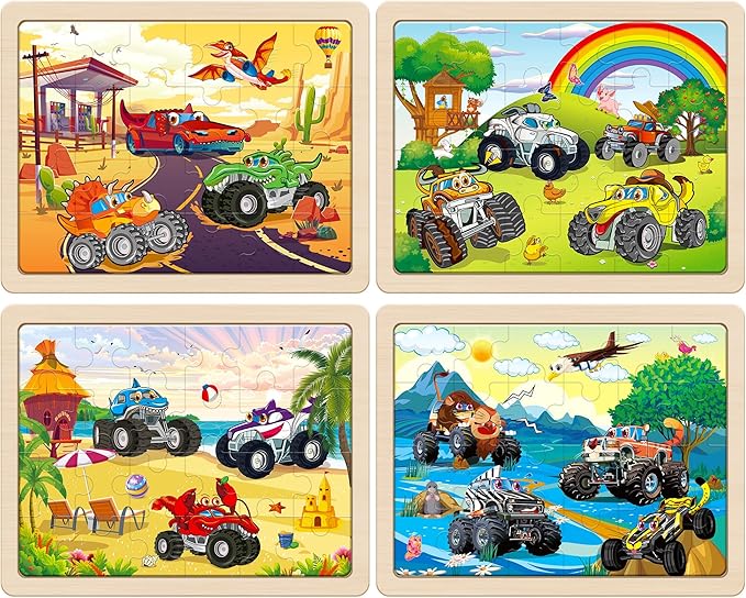 SYNARRY Large Wooden Monster Truck Puzzles for Kids Gift Box(12.2*9.4 in) - FSC Certified, 24 Piece Puzzles for Toddlers 3-5, Wood Puzzle for Kids Ages 4-6, Toys Gifts for 3 4 5 6 Year Old Boys Girls
