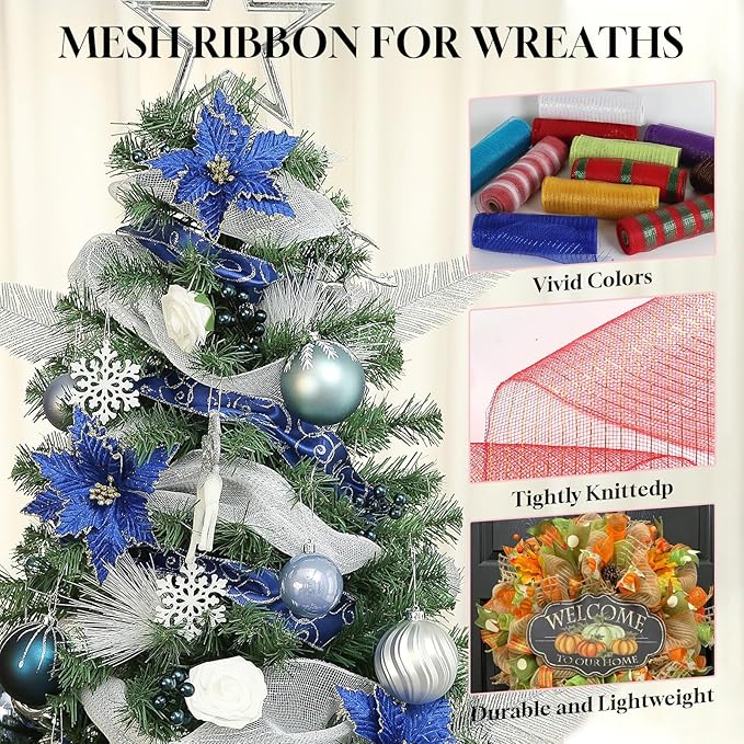 2 Rolls Mesh Ribbon for Wreaths 10 Inch x 30 Foot Wreath Mesh Rolls with Metallic Foil for Easter Christmas Party Wedding Home Decor DIY Craft Projects and Gift Wrapping (Green)