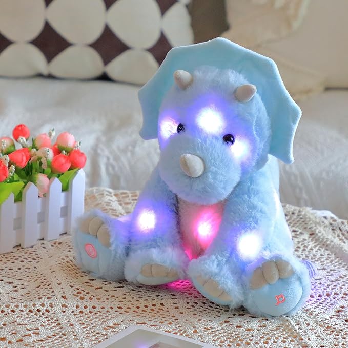 Cuteoy Light-up Singing Plush Blue Triceratops LED Musical Stuffed Animal Dinosaur Adjustable Volume Lullaby Plushies Birthday Christmas Toy Gifts for Kids Toddler Girls, 13"