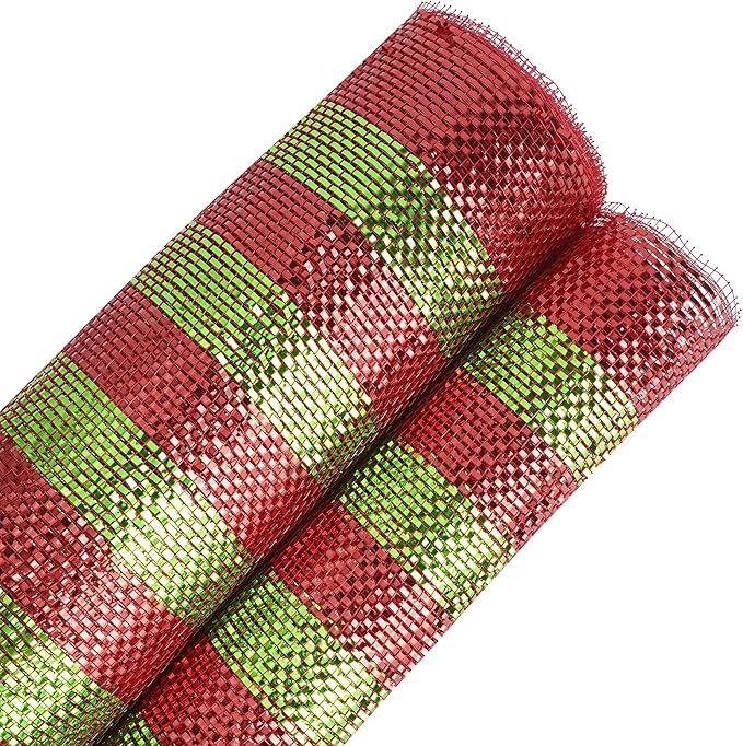 MEEDEE Red and Lime Deco Mesh 10 Inch Deluxe Foil Metallic Striped Deco Mesh Wreath Supplies Red and Green Christmas Mesh Ribbon for Christmas Tree, Garland, Gift Wrapping, Bows Making (30 Feet)