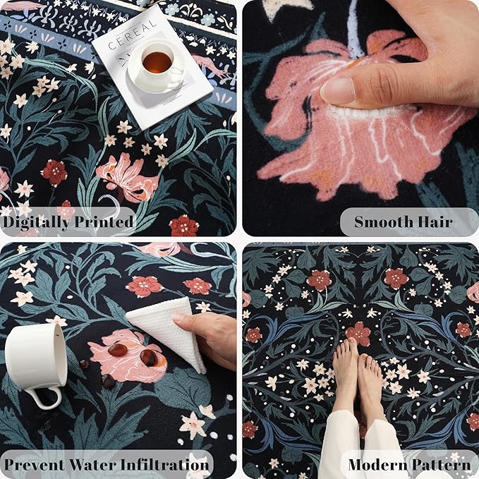 Bedroom Rug 3x5 Rug Washable Area Rug Non Slip Low Pile Vintage Floral Botanical Small Carpet for Bedroom, Bedside, Kitchen, Entryway, Kids Room, Office, Black