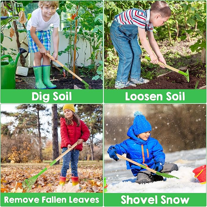 Kids Gardening Tools Set - 6PCS Detachable Garden Tool Kit with Gloves, Shovel, Rake, Hoe, Leaf Rake & Spray Bottle - Wooden Handles with Hanging Hole, Perfect Outdoor Toy Gift for Ages 3-5