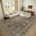 Washable 9x12 Area Rugs for Living Room, Boho Non-Slip Silicone Backing Rugs for Bedroom Dining Room Nursery Office, 0.3" Neutral Oriental Throw Carpet with 0.16" Cushioning Pad, Flaxen/Multi