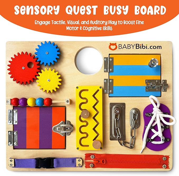 Montessori Busy Board for Toddlers - Safe, Durable Sensory Activity Board with Locks, Shoelaces & More - Perfect Educational Toy Built for Growth & Travel - 36 Months & Up - Color Edition
