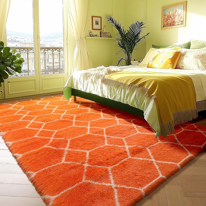 ONASAR Rugs for Living Room Bedroom, 5x8 Washable Fluffy Orange and White Area Rug, Geometric Boho Soft Plush Shaggy Fuzzy Floor Carpet for Nursery Kids Girls Boys Teen Dorm Home Decor Aesthetic