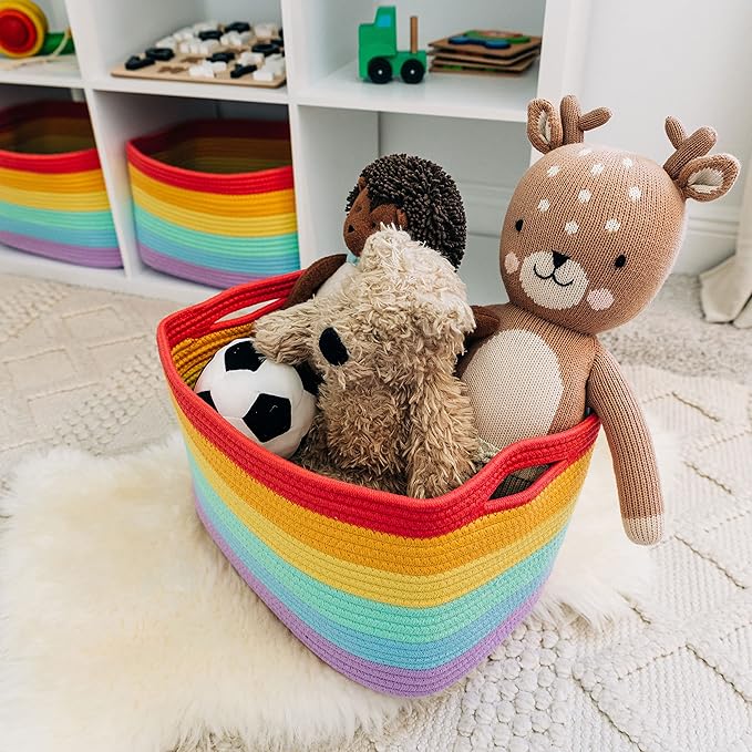 OrganiHaus 3-Pack Rope Rainbow Storage Baskets for Shelves | for Classroom and Nursery | Storage Bins & Toy Organizer for Baby Room