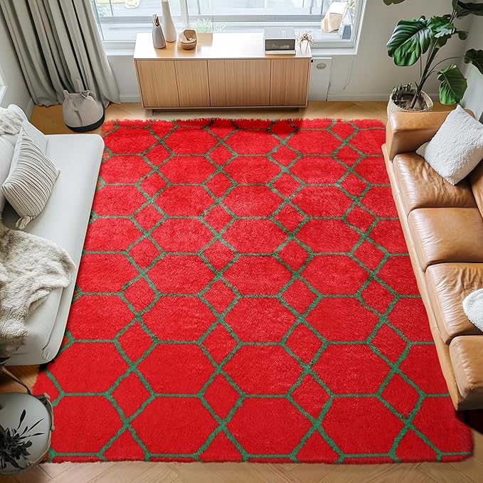 ONASAR Area Rugs for Living Room Bedroom, 5x8 Washable Fluffy Red and Dark Green Rug, Geometric Boho Soft Plush Shaggy Fuzzy Floor Carpet for Nursery Kids Girls Boys Teen Dorm Home Decor Aesthetic