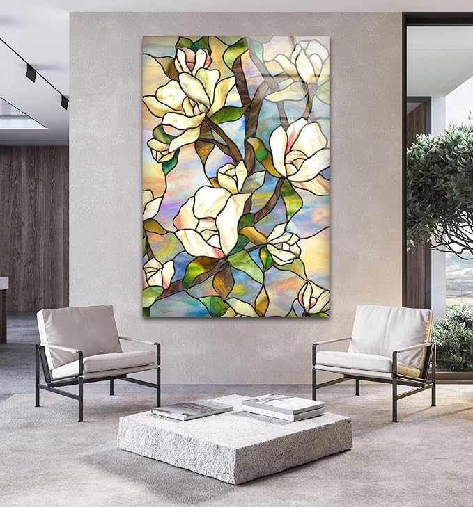 My Photostation.com 18Wx28H'' Stained Magnolia Glass Wall Art Tempered Glass Printing Wall Decor Large Wall Art Wall Hangings