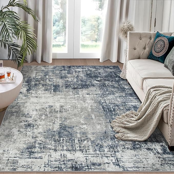 4x6 Area Rugs for Living Room Rug Washable: Modern Large Rug for Dining Room Bedroom Carpet Non Slip Low Pile 4 by 6 Indoor Abstract Nursery Home Office Blue Grey
