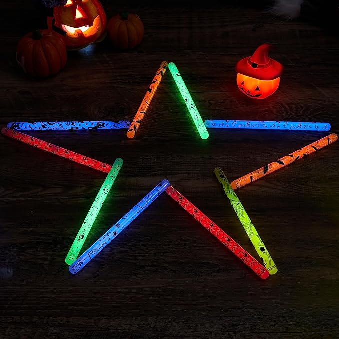 JOYIN 24 Pcs Halloween Glow Stick Hanging Wands in 8 Different Pattern Designs and 6 Colors for Kids Party Favors, Halloween Party Supplies, Glow in the Dark, Goodies Bags Fillers, Non Candy Treats