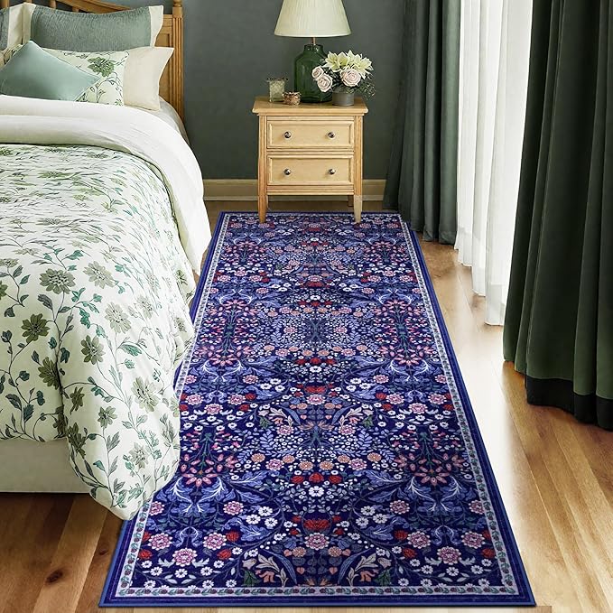 Runner Rug for Entryway: 2x10 Kitchen Rugs Non Slip Washable Ultra-Thin Soft Floral Carpet Indoor Floor Stain Resistant Carpets for Hallway Bedroom Kitchen Laundry Bathroom Dorm Blue