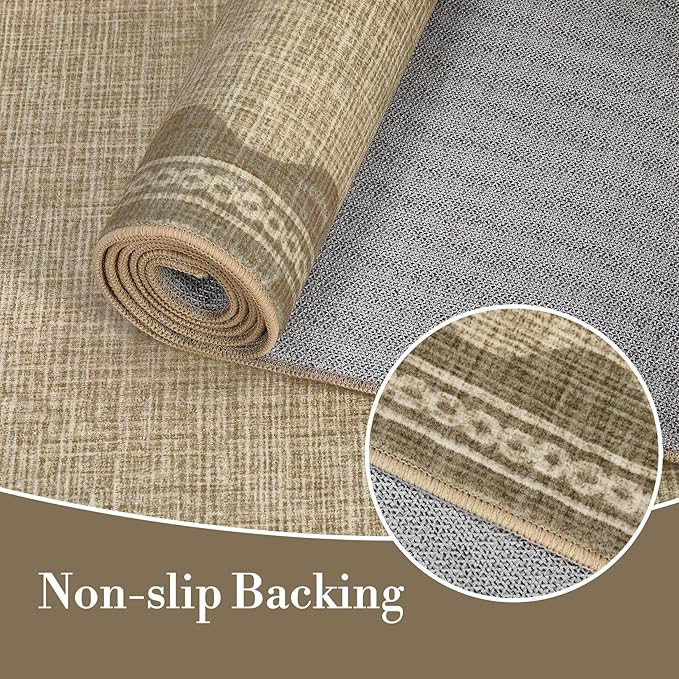 Scalloped Washable Rug 10x13 Area Rugs for Living Room, Solid Tan Rug for Bedroom Girls, Non Slip Throw Carpet with Rubber Back, Soft Dorm Nursery 10x13 Scalloped Rugs for Dining Room