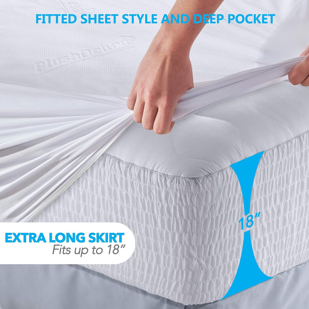 PlushDeluxe Premium Bamboo Mattress Protector – Queen Size, Waterproof, & Ultra Soft Breathable Noiseless Washable Bed Mattress Cover for Comfort & Protection - White