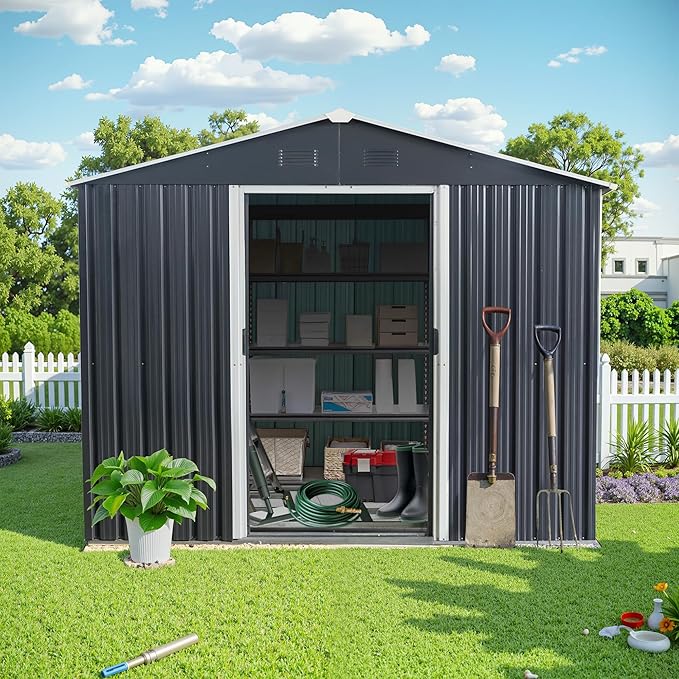 Sheds & Outdoor Storage 8ft x 10ft Metal Storage Shed with Metal Foundation, Gloves, Anchors, Tools Garden Tool Storage Cabinet with Secure Sliding Doors with Padlock for Backyard, Black