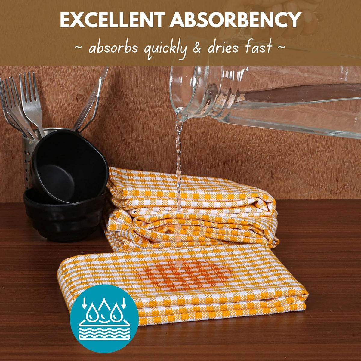 Native Fab 4 Pack Yellow Gingham Cotton Dish Towels 16"x26" - Absorbent Kitchen Linen Towels with Hanging Loop, Dishcloths Set for Drying Dishes, Cleaning Hand Towels, Mustard Yellow White