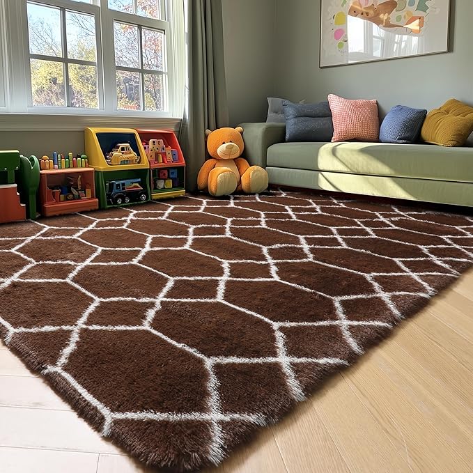 ONASAR 6x9 Area Rugs for Living Room Bedroom, Washable Large Fluffy Brown and White Throw Rug, Geometric Soft Plush Shaggy Fuzzy Floor Carpet for Nursery Kids Girls Boys Teen Dorm Home Office Decor