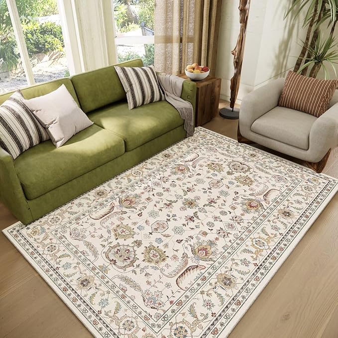 Washable 4x6 Rugs for Living Room, Boho Non-Slip Silicone Backing Small Rugs for Bedroom Nursery Office, 0.3" Neutral Oriental Throw Carpet with 0.16" Cushioning Pad, Light Beige/Multi
