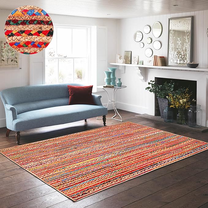 3'x5' Handwoven Jute Chindi Area Rug - Colorful Boho Rugs for Living Room - Hand Braided Multicolor Bohemian Rug for Farmhouse, Bedroom, Dining Room, Classroom, Hallway, Kitchen, Office