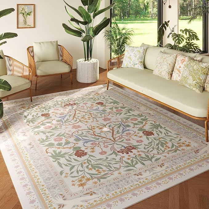 Area Rugs 8x10 for Living Room Clearance Washable Vintage Floral Botanical Rug Non Slip Low Pile Large Rug for Bedroom, Farmhouse, Dining Room, Kids Playroom, Beige