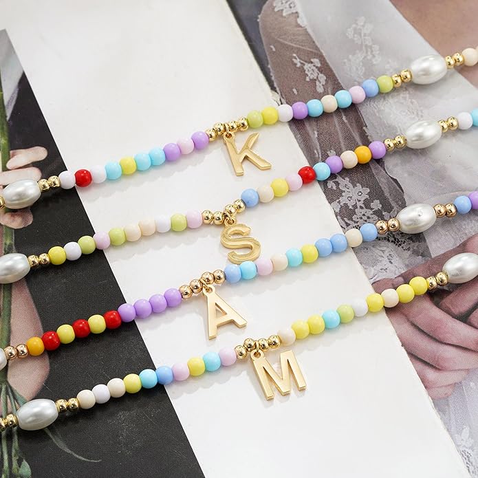 Colorful Initial Necklace for Girls Kids Women, Handmade 14K Gold Plated Colorful Initial A-Z Letter Necklace Teen Girls Gifts Trendy Stuff Birthday Gifts for 5 6 7 8 9 10 11 Year Old Girl Gift