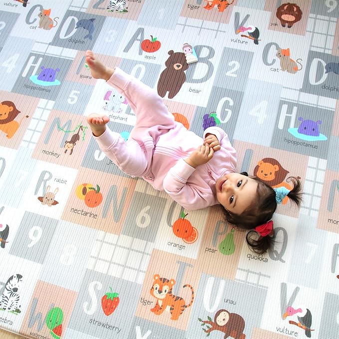 Cushmat Stylish Reversible Foam Play Mat (Large, Tropical Safari - Crystals Char) - Soft, Waterproof, Durable Play mat for Infants, Babies, Toddler, Kids & Grownup - 6.5ft x 4.5ft