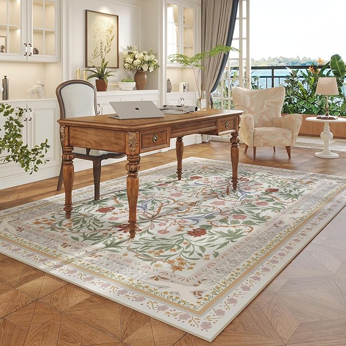 Area Rugs 8x10 for Living Room Clearance Washable Vintage Floral Botanical Rug Non Slip Low Pile Large Rug for Bedroom, Farmhouse, Dining Room, Kids Playroom, Beige