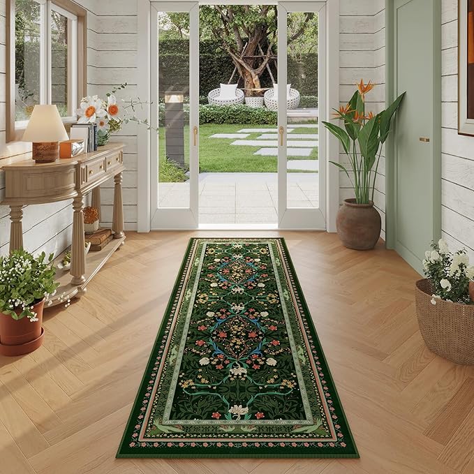 Runner Rug for Kitchen Rug Non Slip 2'6"x8' Washable Rugs with Rubber Backing Soft Vintage Floral Botanical Carpet Runner for Kitchen, Laundry, Bedroom, Bathroom, Green