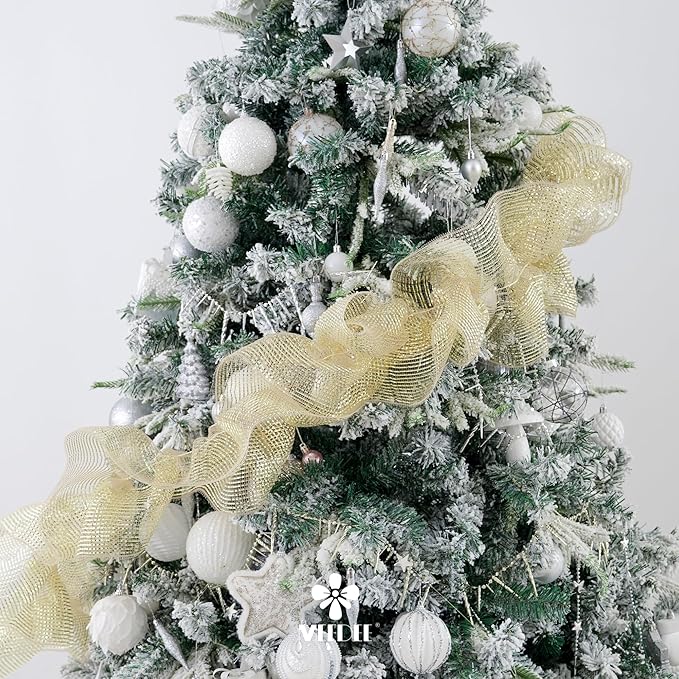 MEEDEE Champagne Deco Mesh 10 Inch Deluxe Wide Foil Metallic Pull Up Mesh Champagne Gold Mesh Ribbon for Christmas Tree, Wreaths, Garland, Gift Wrapping, Bows Making (30 Feet)