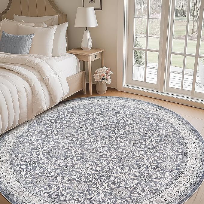 jinchan Round Rug 8ft Washable Circle Soft Rug - Low Pile Vintage 8'Round Indoor Grey Floral Print Stain Resistant Boho Carpet Ultra-Thin Non-Slip for Living Room Bedroom Dining Room Kitchen