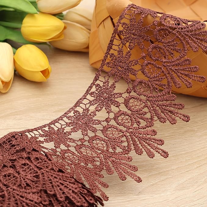 GXTIZAS Brown Lace Trim 5 Yards Wide Venise Lace Ribbon Embroidered Edge Trim for Sewing Crafts Pillow Case