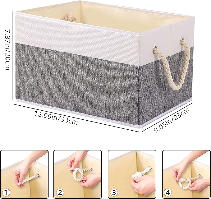 Yawinhe Foldable Storage Basket 3-Pack, Large Fabric Bins with Rope Handle, Used for Organizing Shelves, Closets, Clothes, 12.99''Lx9.05''Wx7.87''H, White/Grey