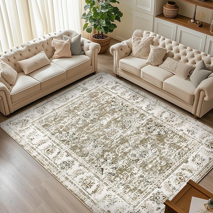 jinchan 8x10 Area Rugs for Living Room - Machine Washable Vintage Floral Distressed Design Stain Resistant Boho Carpet Low Pile Non-Slip Rug for Bedroom Dining Room Home Office (8‘x10',Taupe)