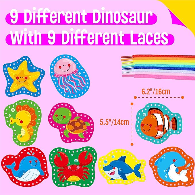 9 Pieces Kids Lacing Cards, Double Sided Sewing Cards in 9 Marine Animal Cards with 9 Colorful Laces, Imagination Development Lacing Toys Games for Children Educational and Learning Activity