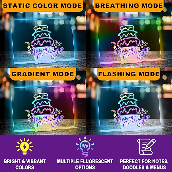 LED Drawing Board, 11.9"X8", Acrylic Note Board with Colors, Include LED Light Up Writing Pad 4 Modes & 7 Colors, 8 Markers, Stand, Hanging Chain, 2 Gel Clings, Holiday Gift